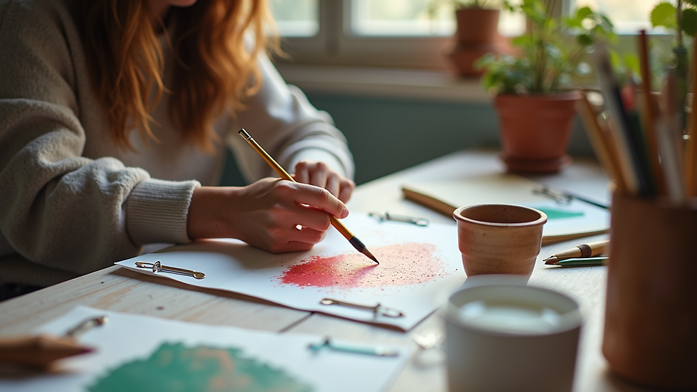 High angle view of an art therapy session with supplies