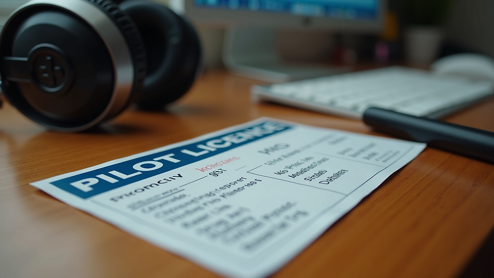 Eye-level view of a pilot's license resting on a wooden desk with a headset nearby