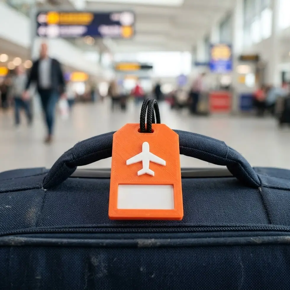 Orange airplane luggage tag.webp