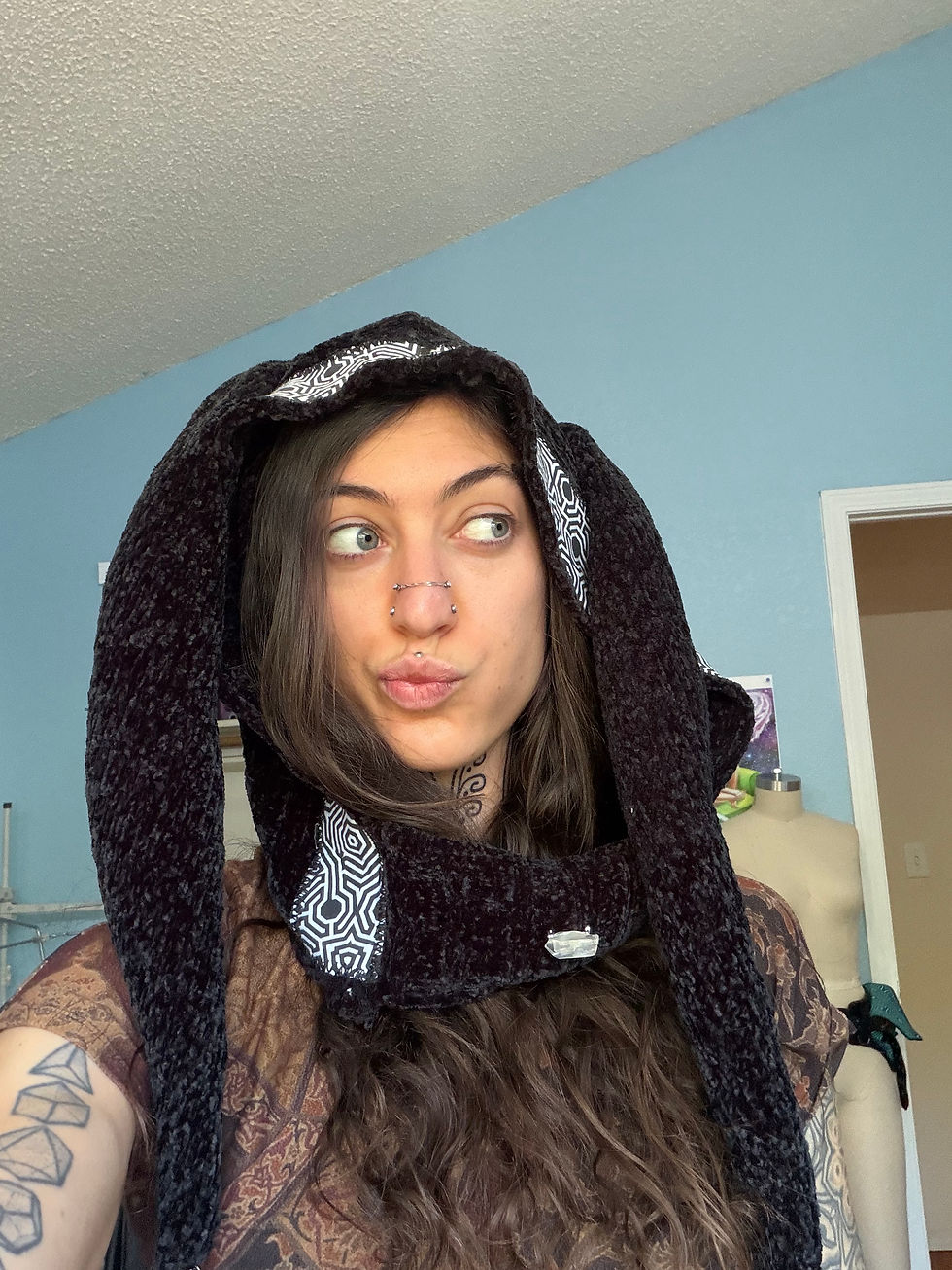 Thumbnail: black feralfaerie jester hood with AV scraps