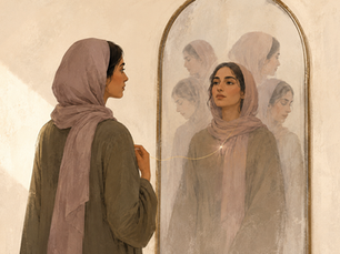 رسم تحريري لامرأة تقف أمام مرآة تظهر فيها انعكاسات متعدّدة، تعبيرًا عن تمييز صوتها من الأصوات التي تعلّمتها.