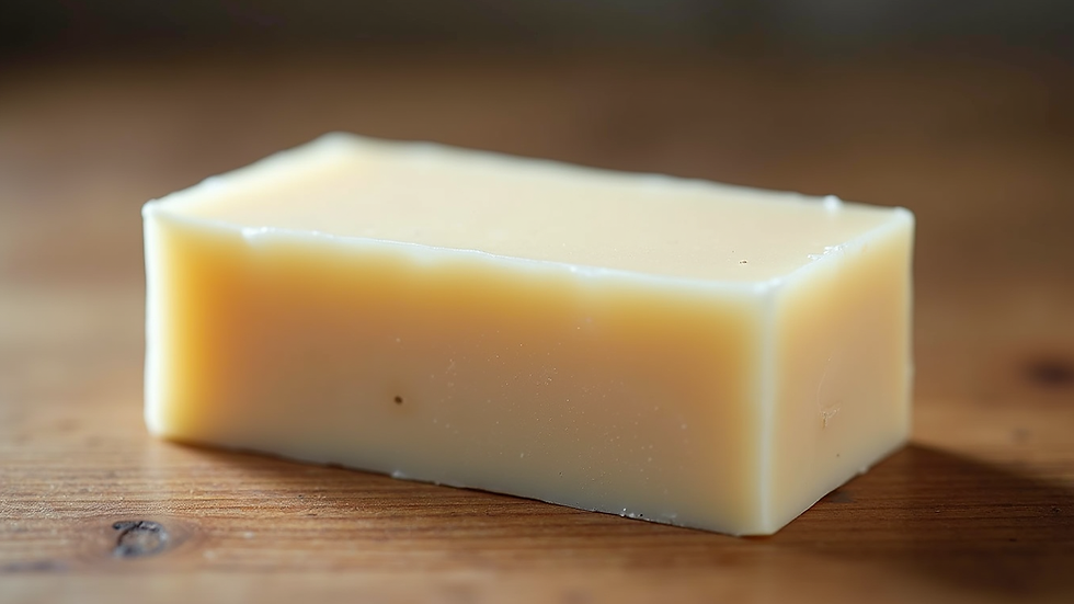 Close-up view of a bar of goat milk soap on a wooden surface
