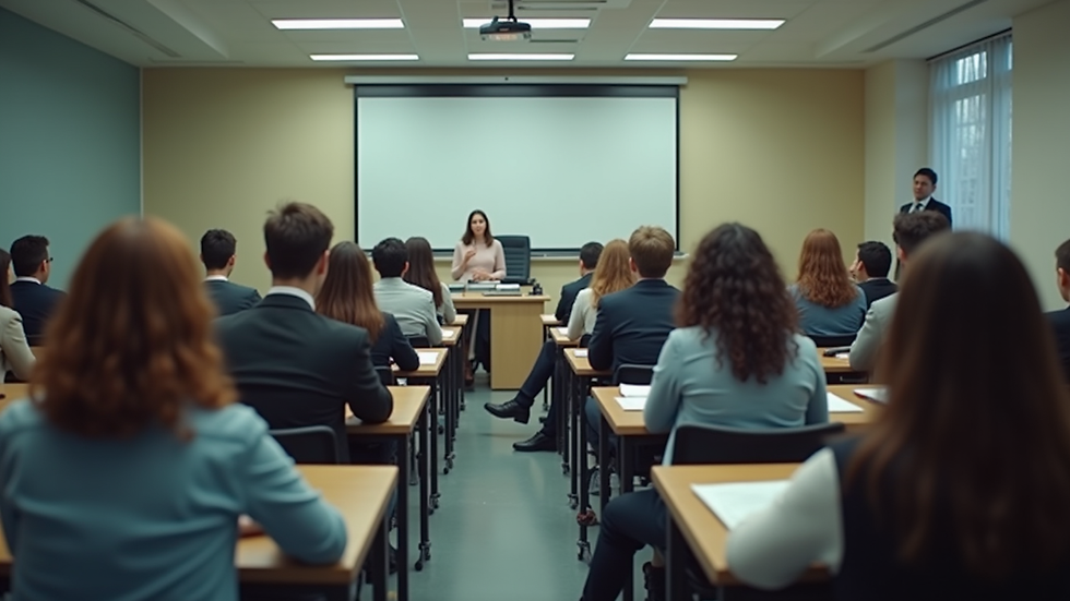 Eye-level view of a classroom filled with students engaged in a discussion