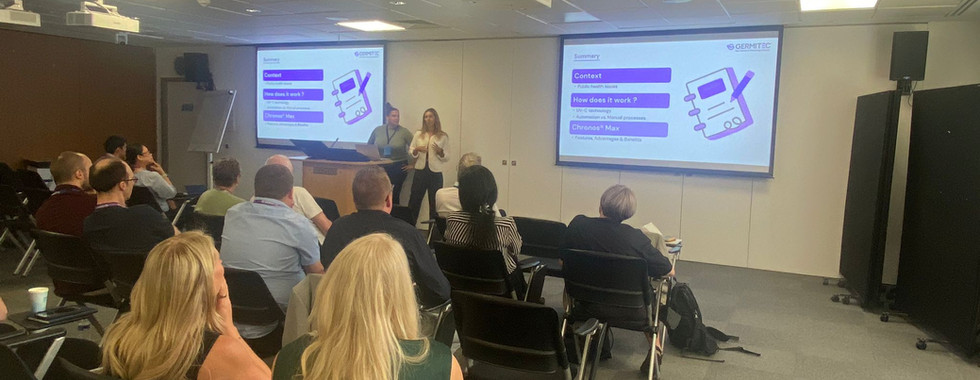 Fanny Pulon, R&D Director at Germitec, presenting the Chronos Max UV-C High-Level Disinfection system at a medical conference. The Chronos Max is designed for rapid, chemical-free disinfection of Transesophageal Echocardiography (TEE) probes and ENT endoscopes without operating channels.