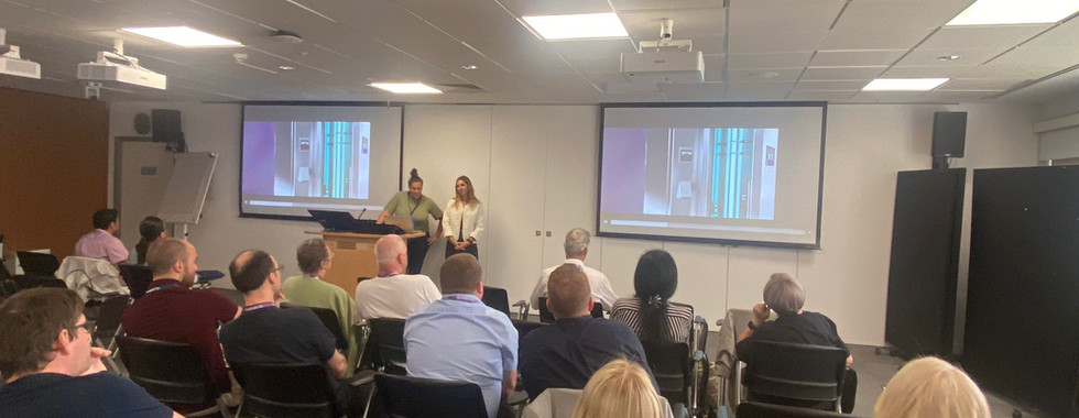 Fanny Pulon, R&D Director at Germitec, presenting the Chronos Max UV-C High-Level Disinfection system at a medical conference. The Chronos Max is designed for rapid, chemical-free disinfection of Transesophageal Echocardiography (TEE) probes and ENT endoscopes without operating channels.
