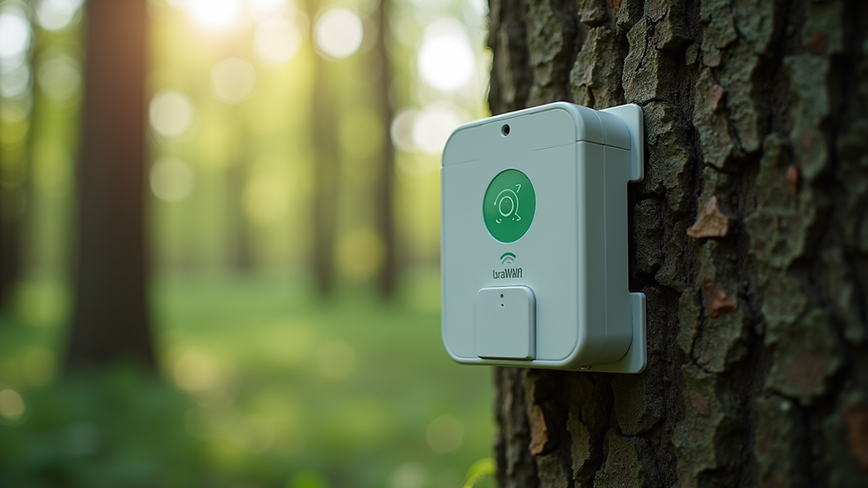 Close-up view of a LoRaWAN sensor device installed on a tree in a forest