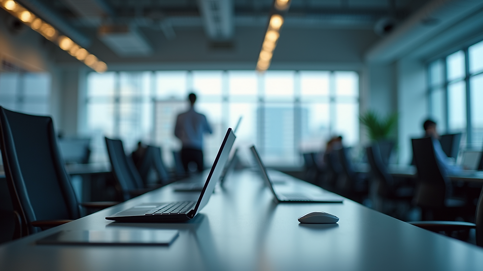 Eye-level view of a modern office with IoT devices on desks