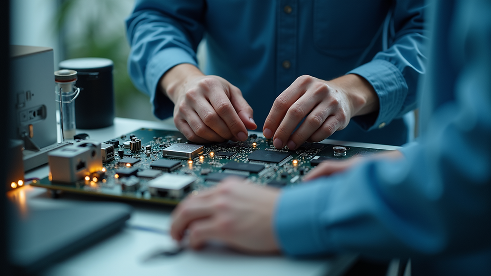 Close-up view of a technician assembling an IoT device prototype