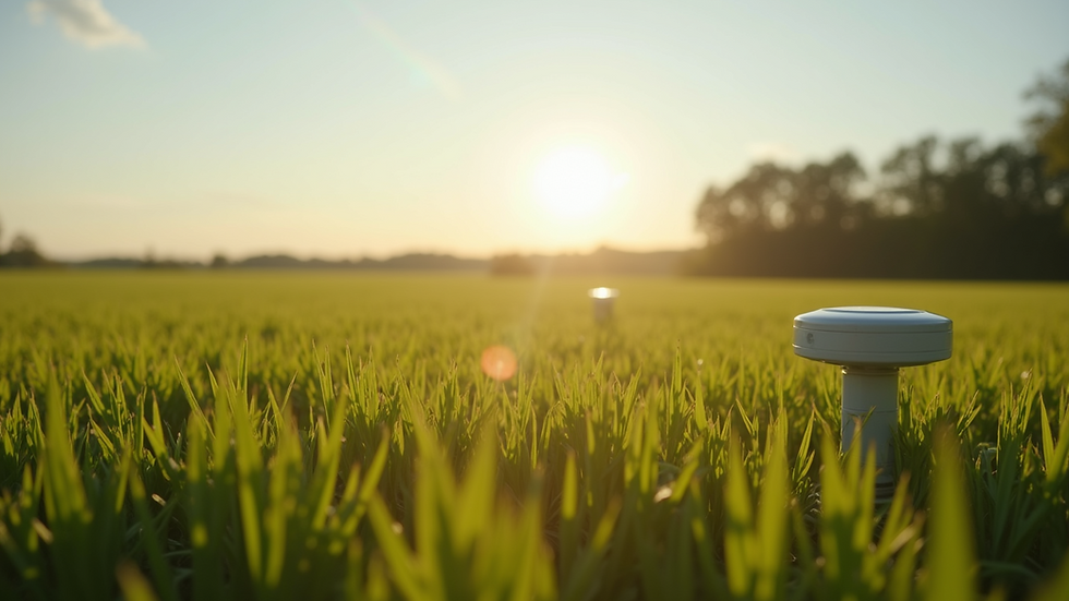 Eye-level view of a rural farm field with IoT sensors installed