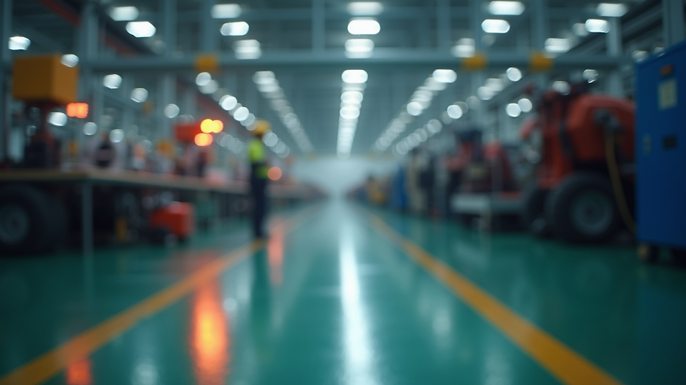 Eye-level view of industrial factory floor with IoT sensors on machinery