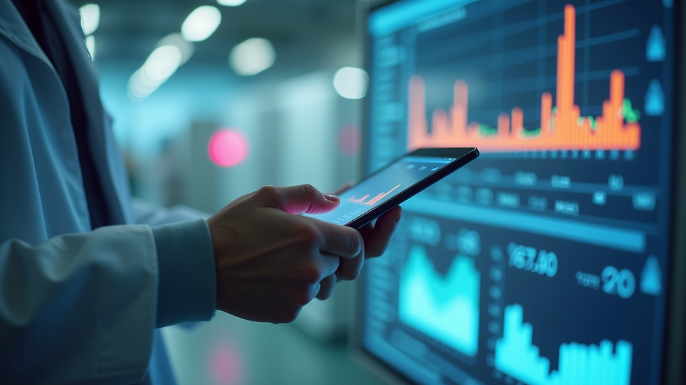 Close-up view of a researcher monitoring IoT data on a tablet in a laboratory