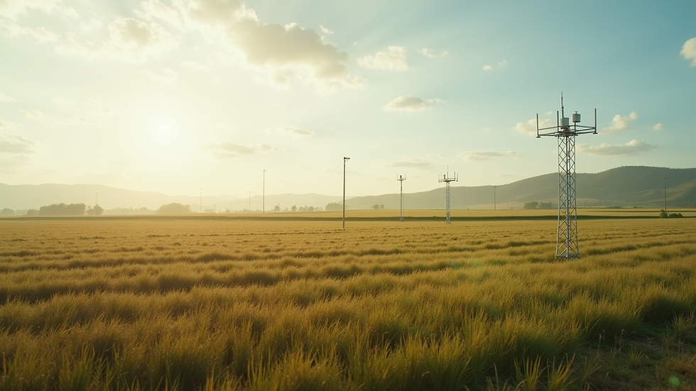 Wide angle view of a rural landscape with IoT devices installed in fields