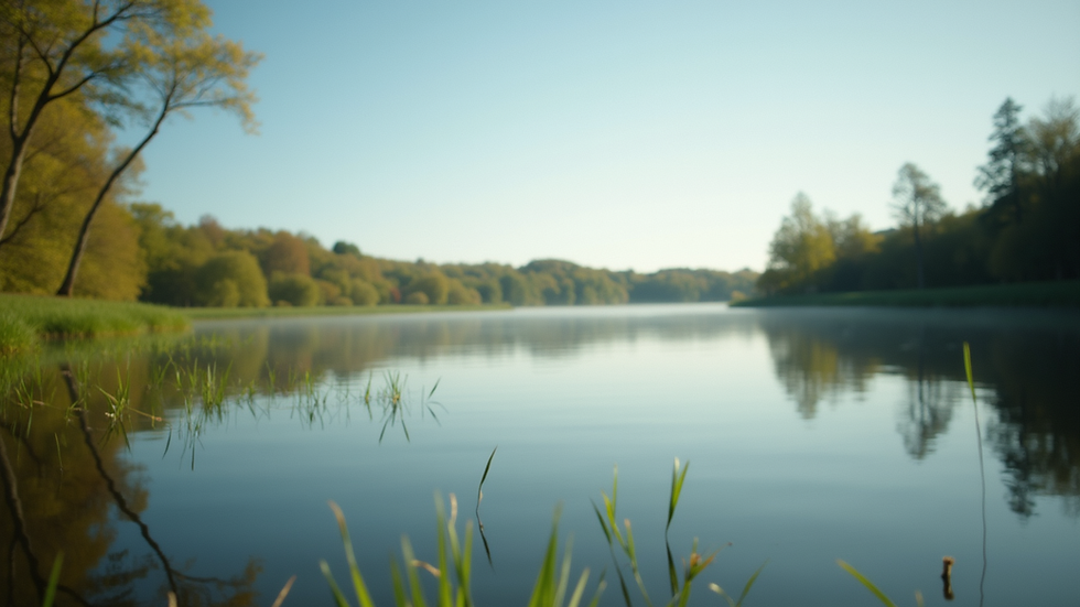 Close-up view of a serene nature scene with a calm lake
