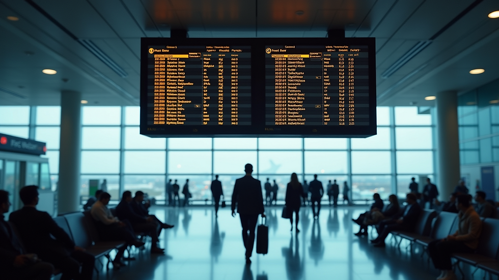 Eye-level view of an airport departure board displaying delayed flights