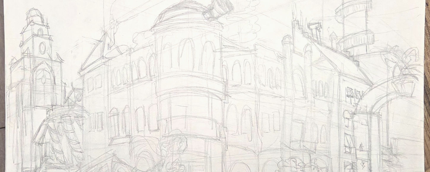 Pencil thumbnail sketch of cityscape with aspects of Savannah, Georgia with a twist of fantasy and magical