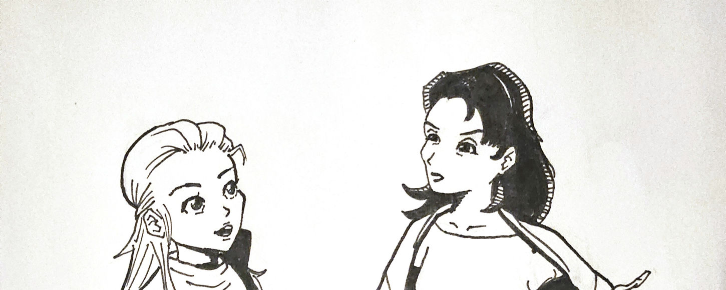 Black and white ink drawing of two women carrying suitcases