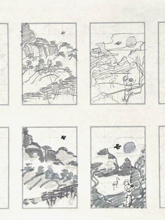 Eight pencil and marker thumbnail sketches