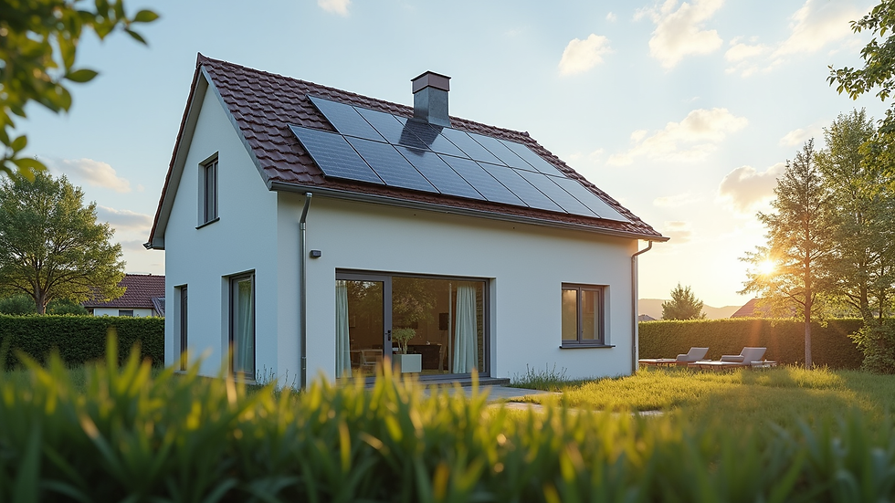 Blick auf ein modernes Mehrgenerationenhaus mit Solarpaneelen auf dem Dach