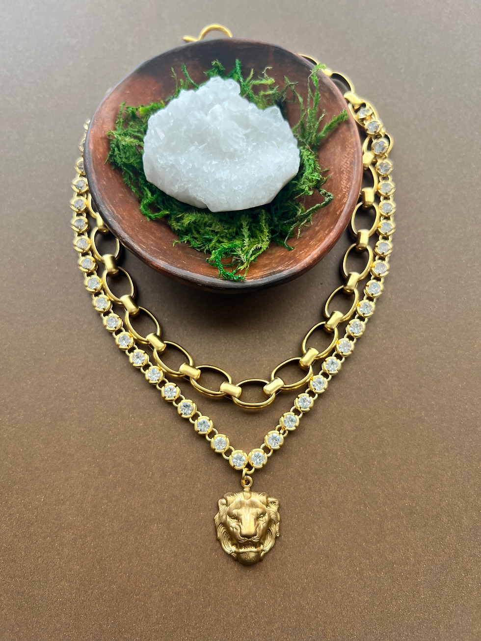 lions head pendant necklace on rhinestone chain and gold tone chain