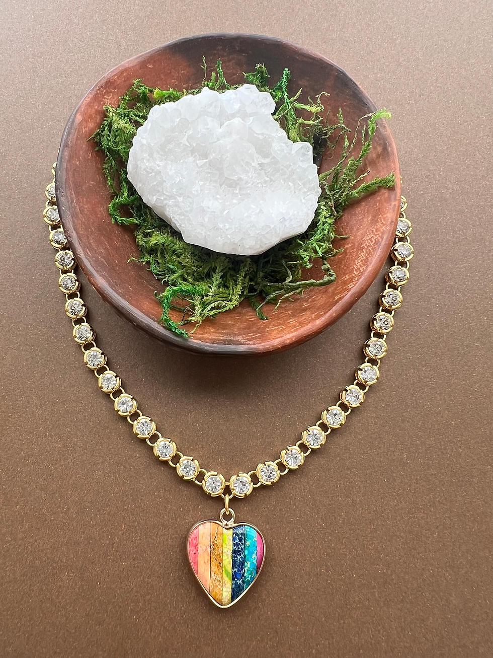 striped rainbow dyed jasper heart pendant on a small rhinestone necklace