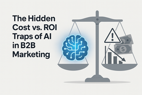 Illustration of a balance scale with AI on one side and financial risks on the other, titled “The Hidden Cost vs. ROI Traps of AI in B2B Marketing.