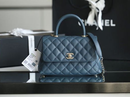 1:1 Mirror Chanel Flap Bag With Top Handle in Blue Grained Calfskin & Gold-Tone Metal A92990