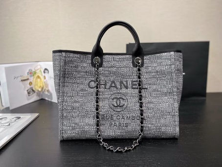 1:1 Mirror Chanel Grey Canvas Large Silver Tone Metal Large Shopping Bag