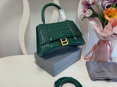 1:1 Mirror Balenciaga Hourglass XS Top Handle Bag in Emerald Green Shiny Crocodile Embossed Calfskin