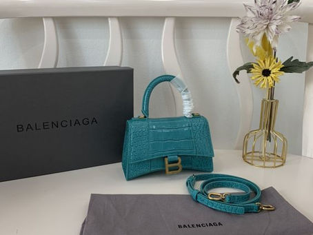 1:1 Mirror Balenciaga Hourglass XS Top Handle Bag in Dark Turquoise Shiny Crocodile Embossed Calfskin
