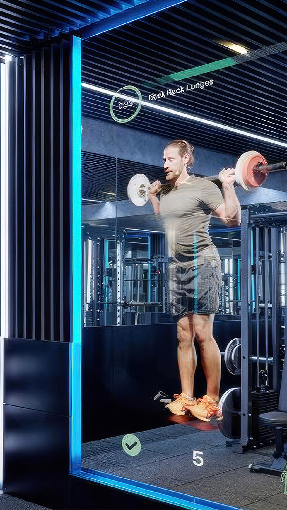Miroir connecté interactif avec coach virtuel guidant une séance d’entraînement dans une salle de sport moderne, technologie fitness innovante