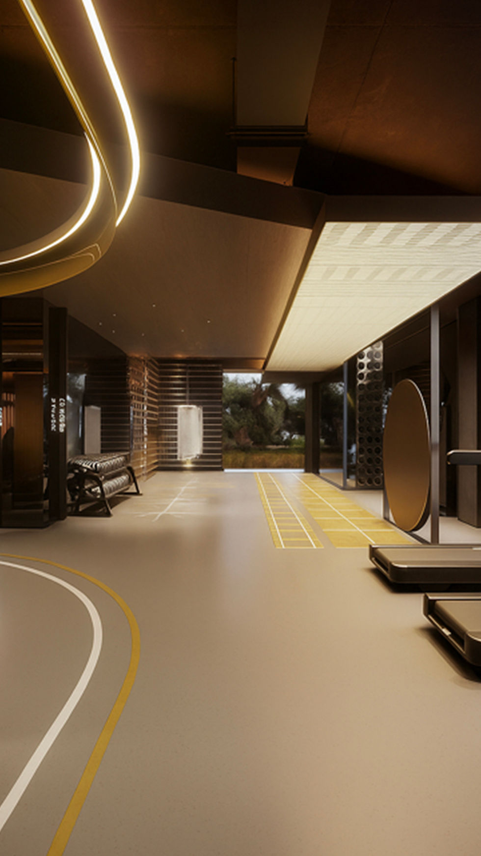 Salle de sport sur-mesure au design contemporain avec équipements haut de gamme, éclairage tamisé et ambiance luxueuse