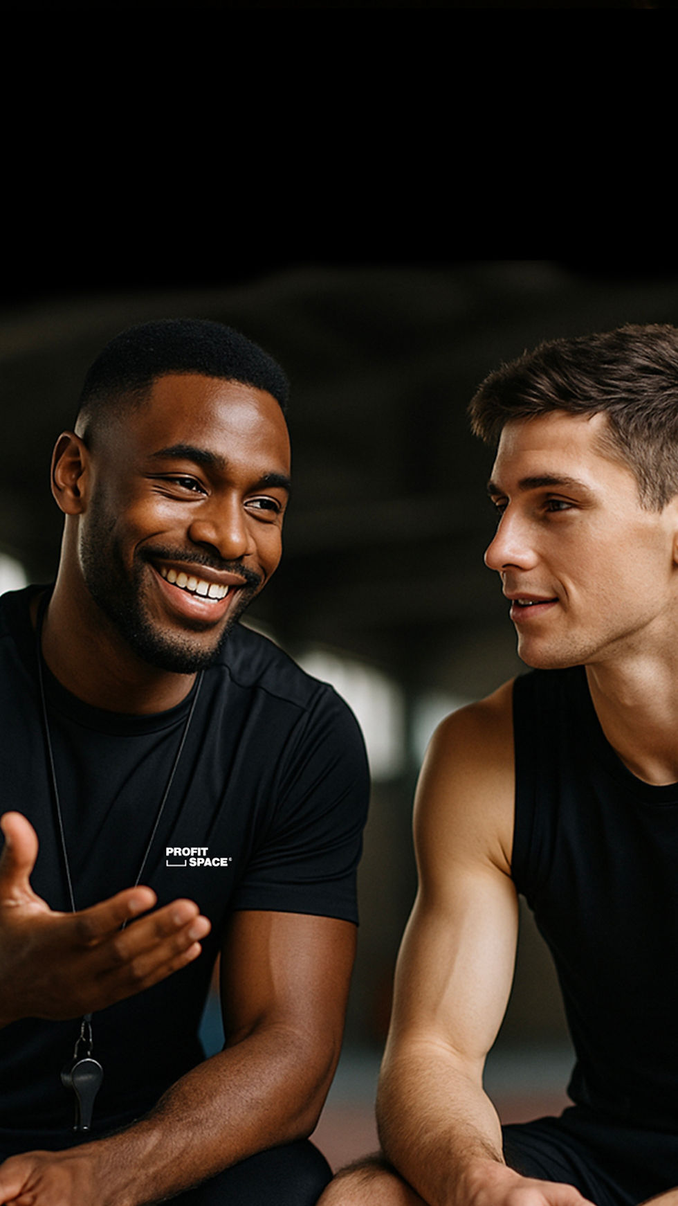 Coach mental Profit Space échangeant avec un athlète, apportant des conseils personnalisés pour améliorer la concentration, la motivation et la performance mentale.