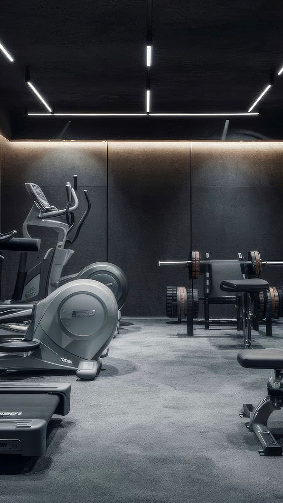 Salle de sport sur-mesure au design contemporain avec équipements haut de gamme, éclairage tamisé et ambiance luxueuse