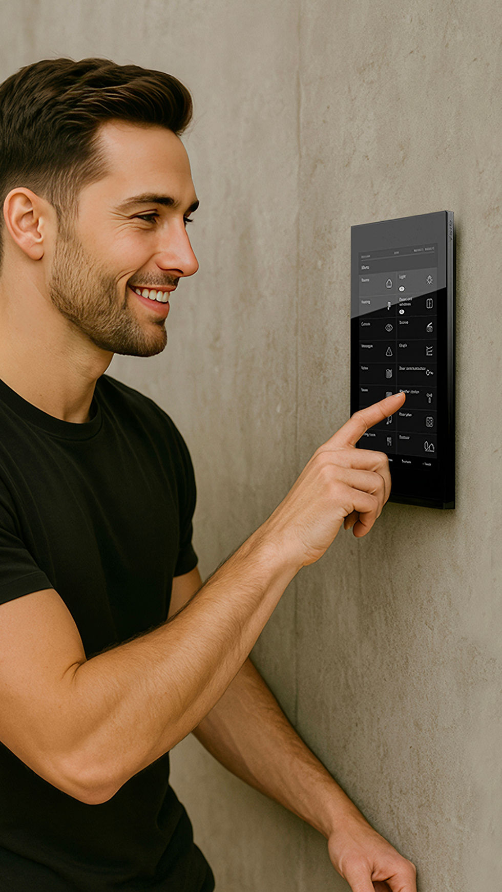 Homme utilisant un système de domotique personnalisé pour salle de sport, en train de régler les options via un écran tactile centralisé, illustrant la gestion intelligente de l’éclairage, de la ventilation et des équipements connectés.