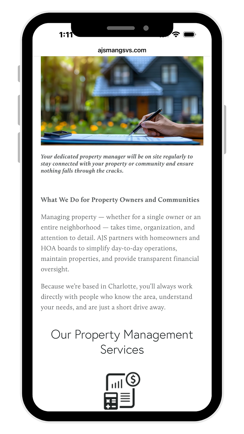 AJS Management mobile website layout for residential property management