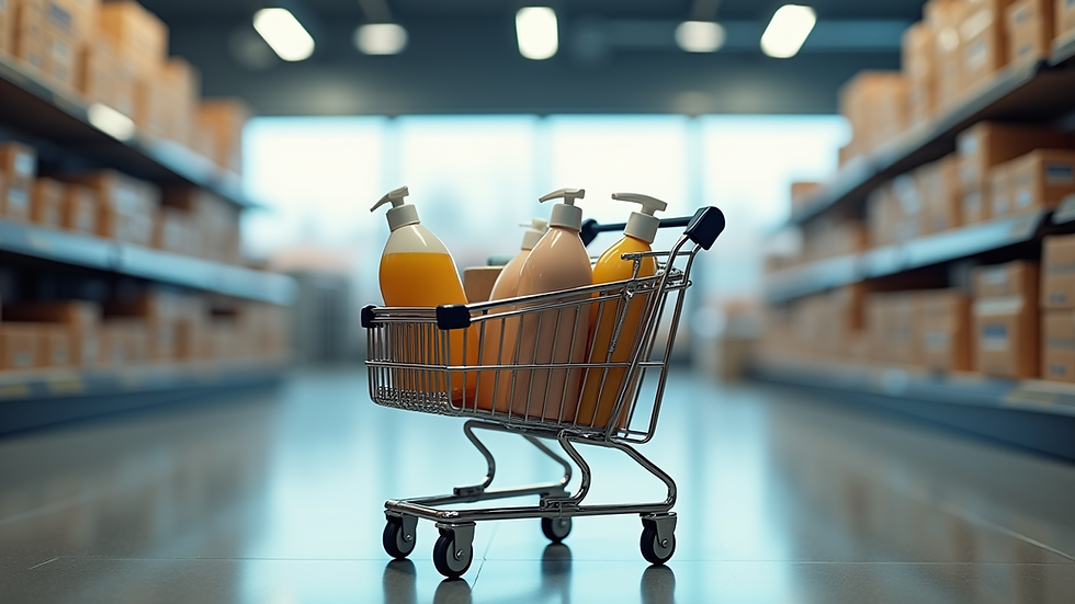 Eye-level view of a modern online shopping cart filled with various products