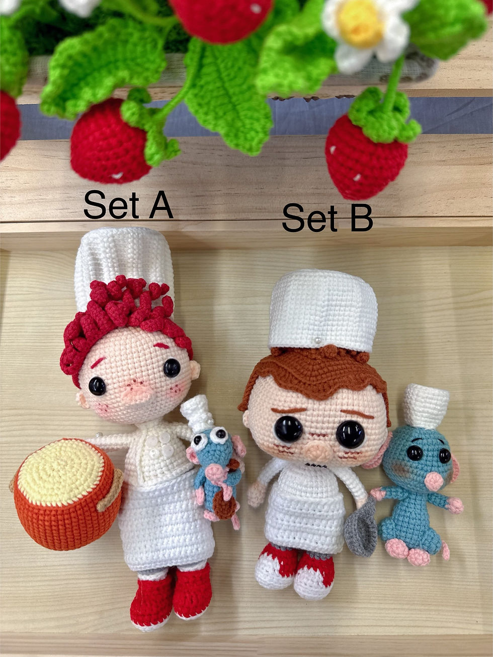 Thumbnail: Hand Made Crochet Chef Alfredo Linguini and Remy the rat Inspired Amigurumi 