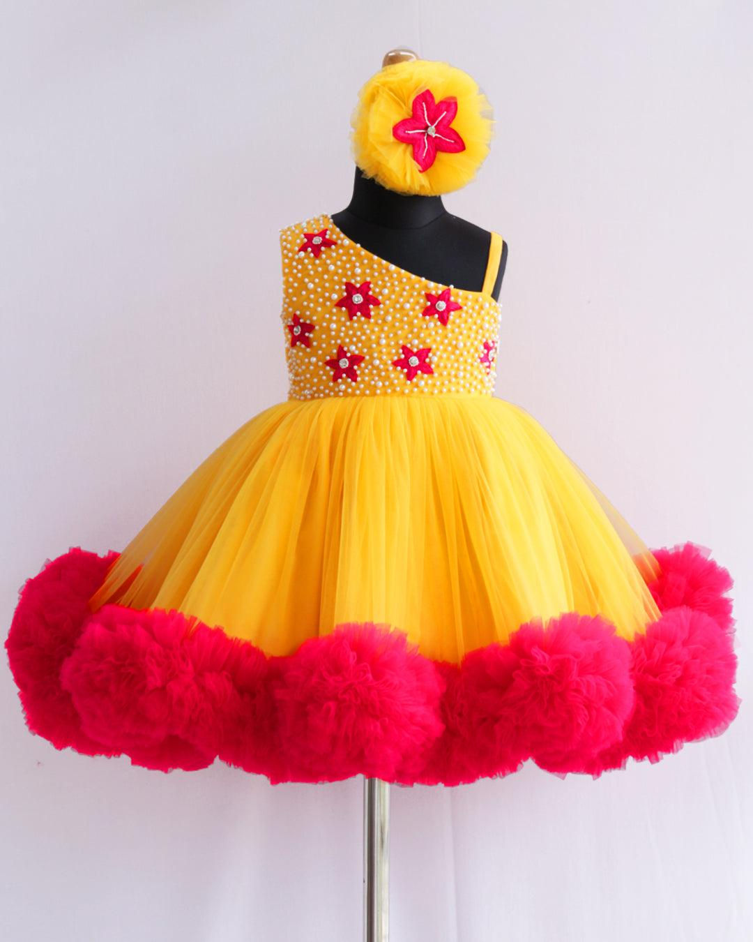 Yellow & Pink Ruffle Frock With Maggam Work Flowers & Perals on Top