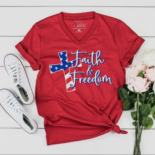 Faith and Freedom V-Neck T-Shirt Red | Head 2 Toe Salon