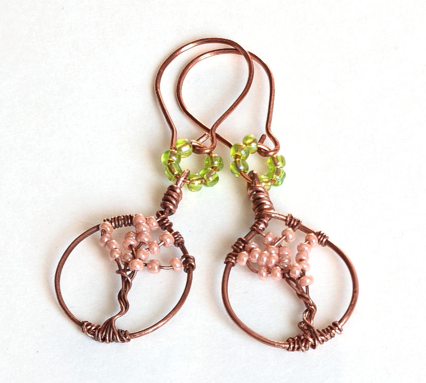 Boho Beaded Copper Tree of Life Earrings