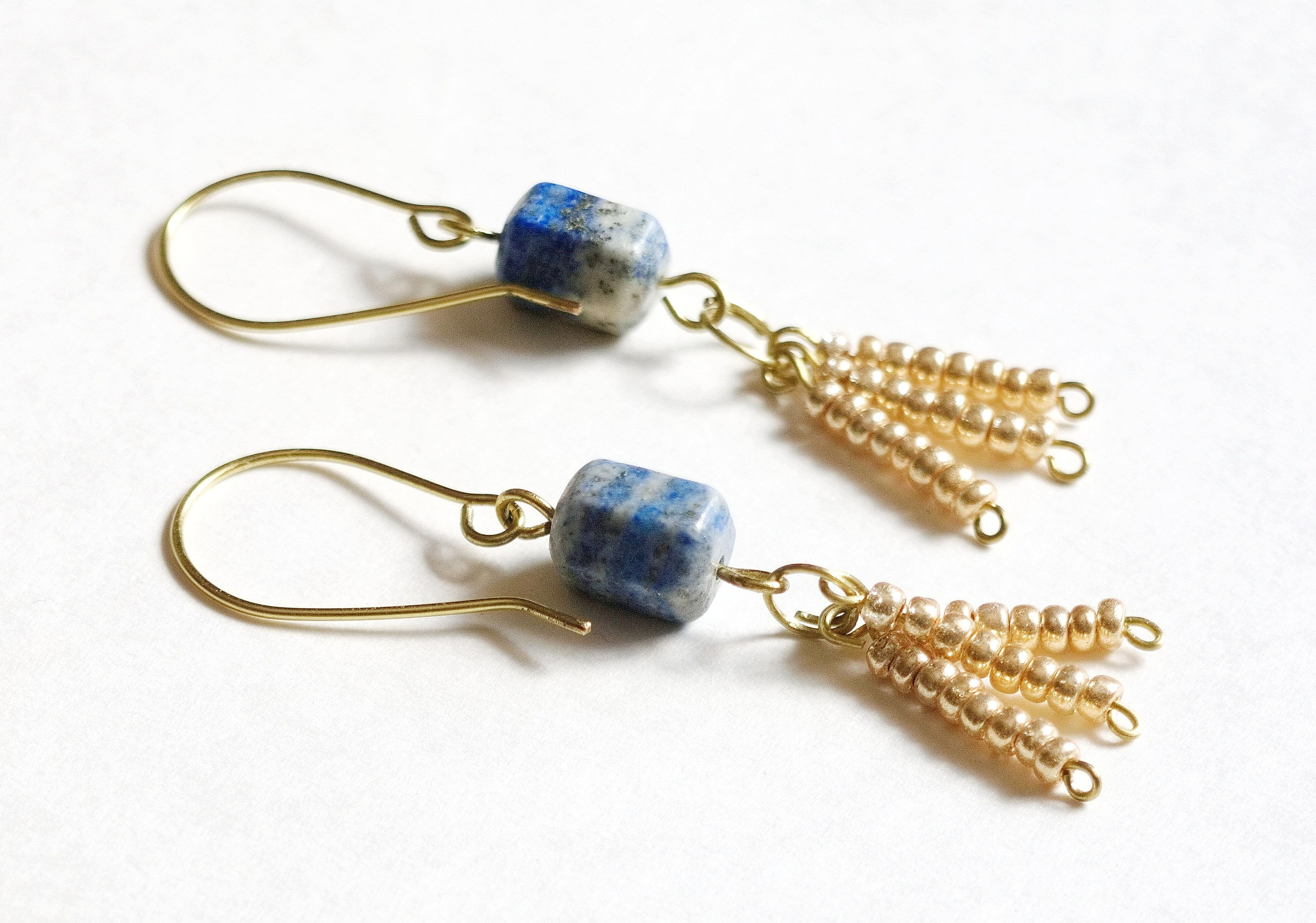 Lapis Lazuli Golden Seed Bead Dangle Earrings