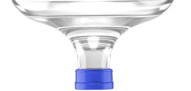 Close-up of a clear plastic bottle with a blue cap and neck area.
