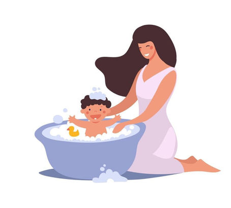 cartoon image of a woman standing outside a bathtub while a child smiles in the bath next to a rubber ducky