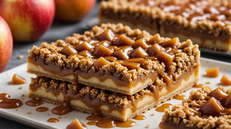 A close-up of Salted Caramel Spiced Apple Crumble Bars with drizzled caramel