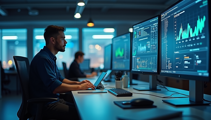 Eye-level view of a modern workspace with multiple screens showing data and project plans