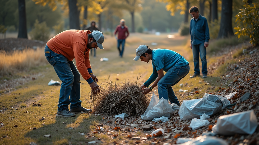 High angle view of a community clean-up event with volunteers picking up trash