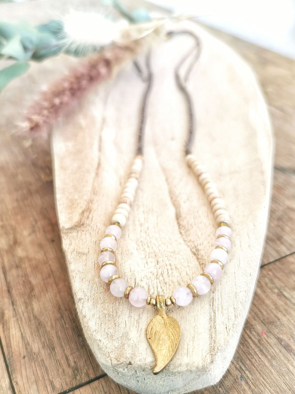 Makramee Holz & Edelstein Kette | Rosenquarz