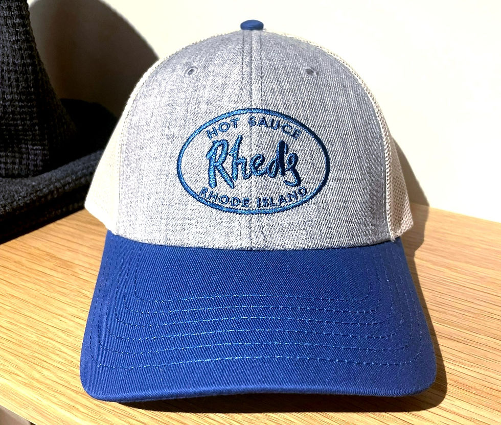 Baseball cap with blue bill, gray cap, and blue embroidered Rhed's logo.