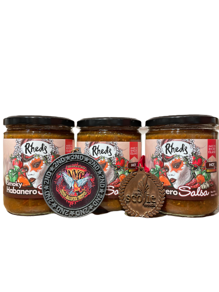 Thumbnail: Three jars of Rhed's Smoky Habanero Salsa next to two awards it won.