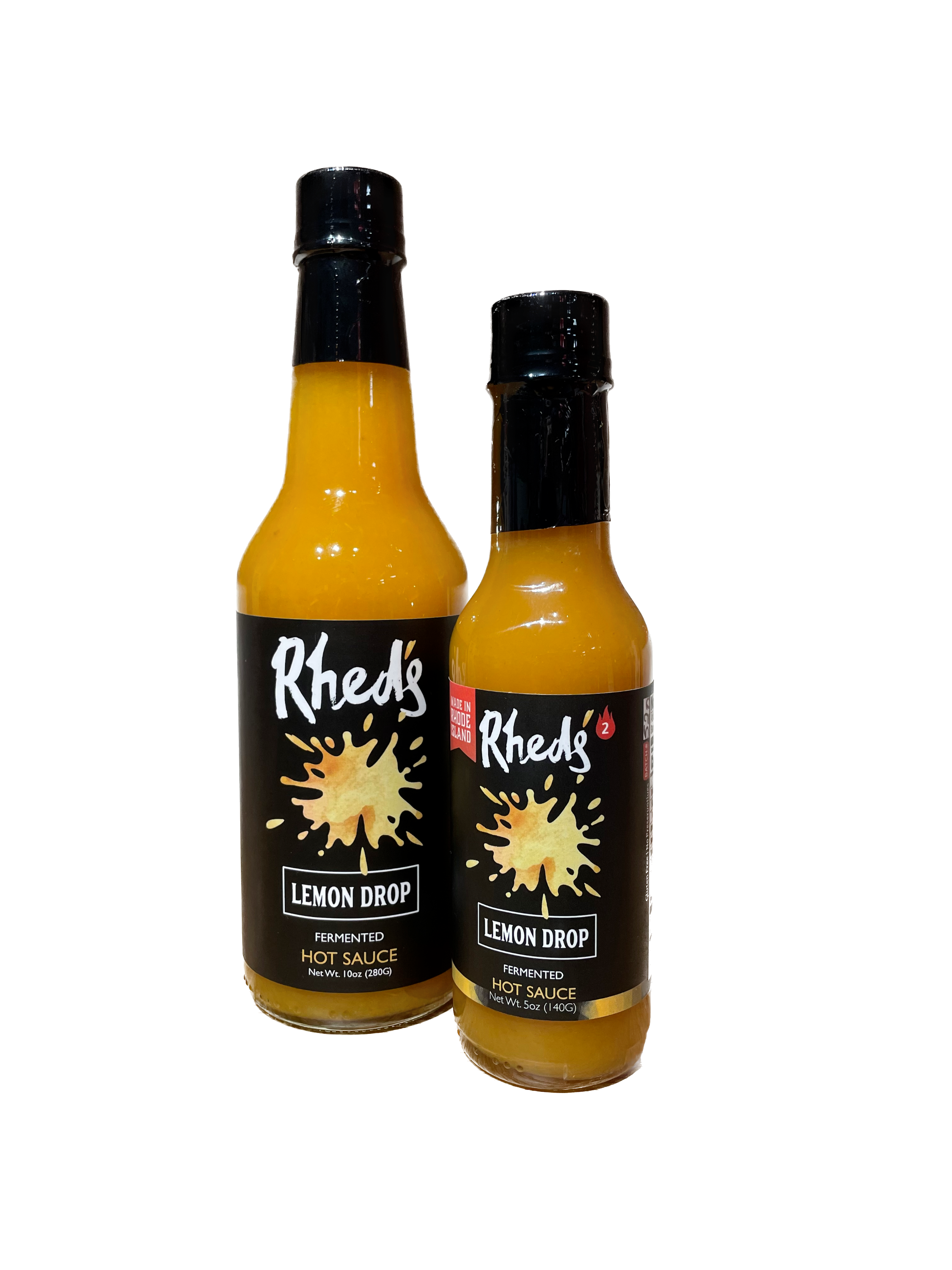 10 ounce and 5 ounce bottles of Rhed's Lemon Drop Hot Sauce.